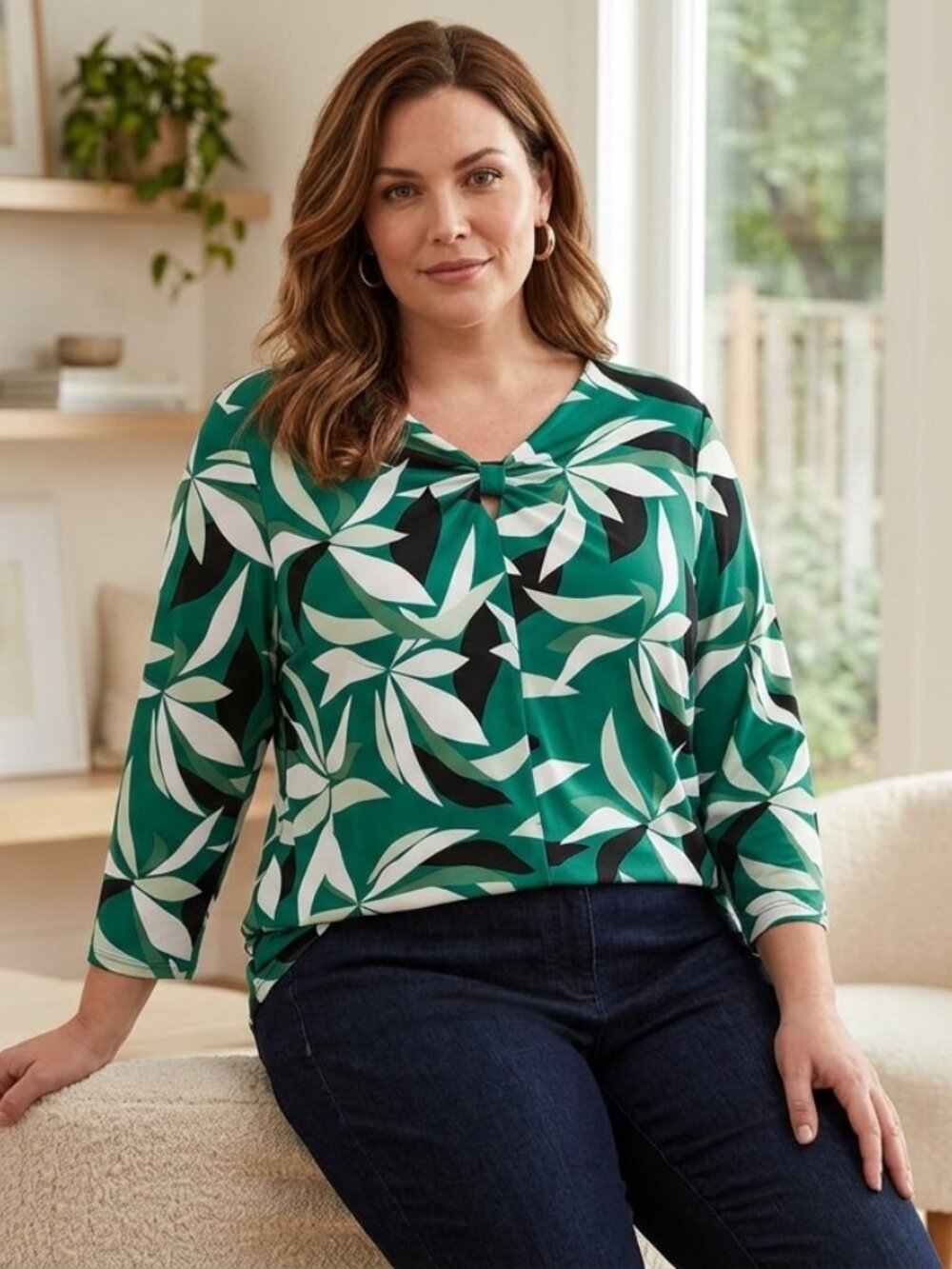 Liz Claiborne 1X Green Floral Tropical Top Career Casual Travel 3/4 Sleeve